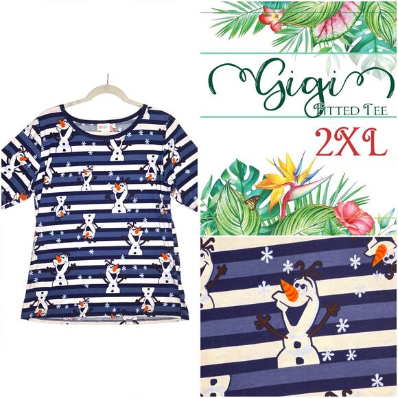 LuLaRoe Gigi T 2XL Disney Frozen Olaf Blue White Striped Winter Snowflake Tee - Picture 8 of 8